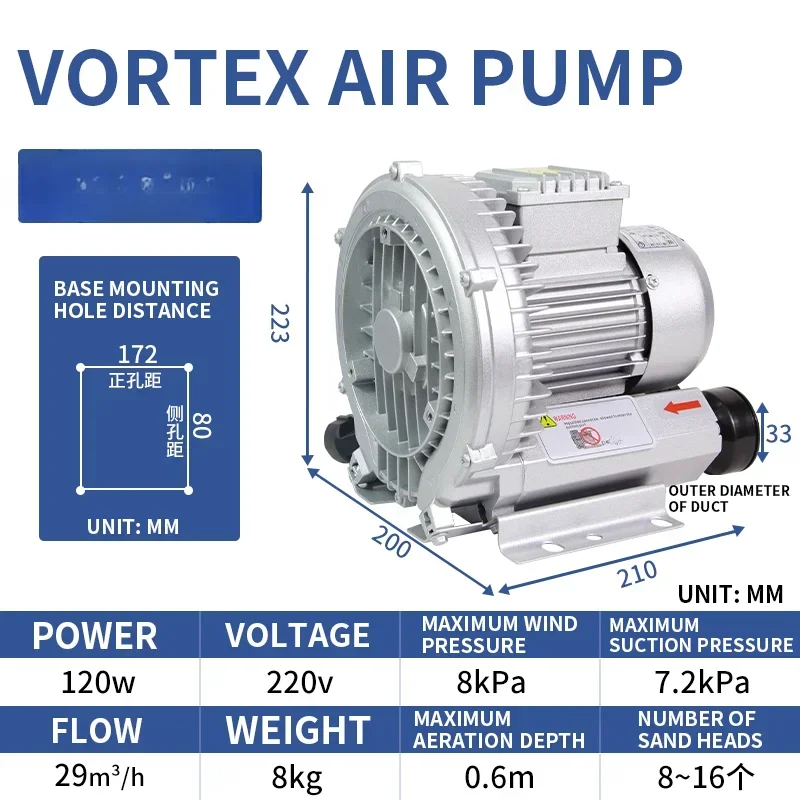 120/180/250 High Pressure Vortex Fan Centrifugal Fan Industrial Powerful Blower Vortex Air Pump Vacuum Pump Fish Pond Aerator