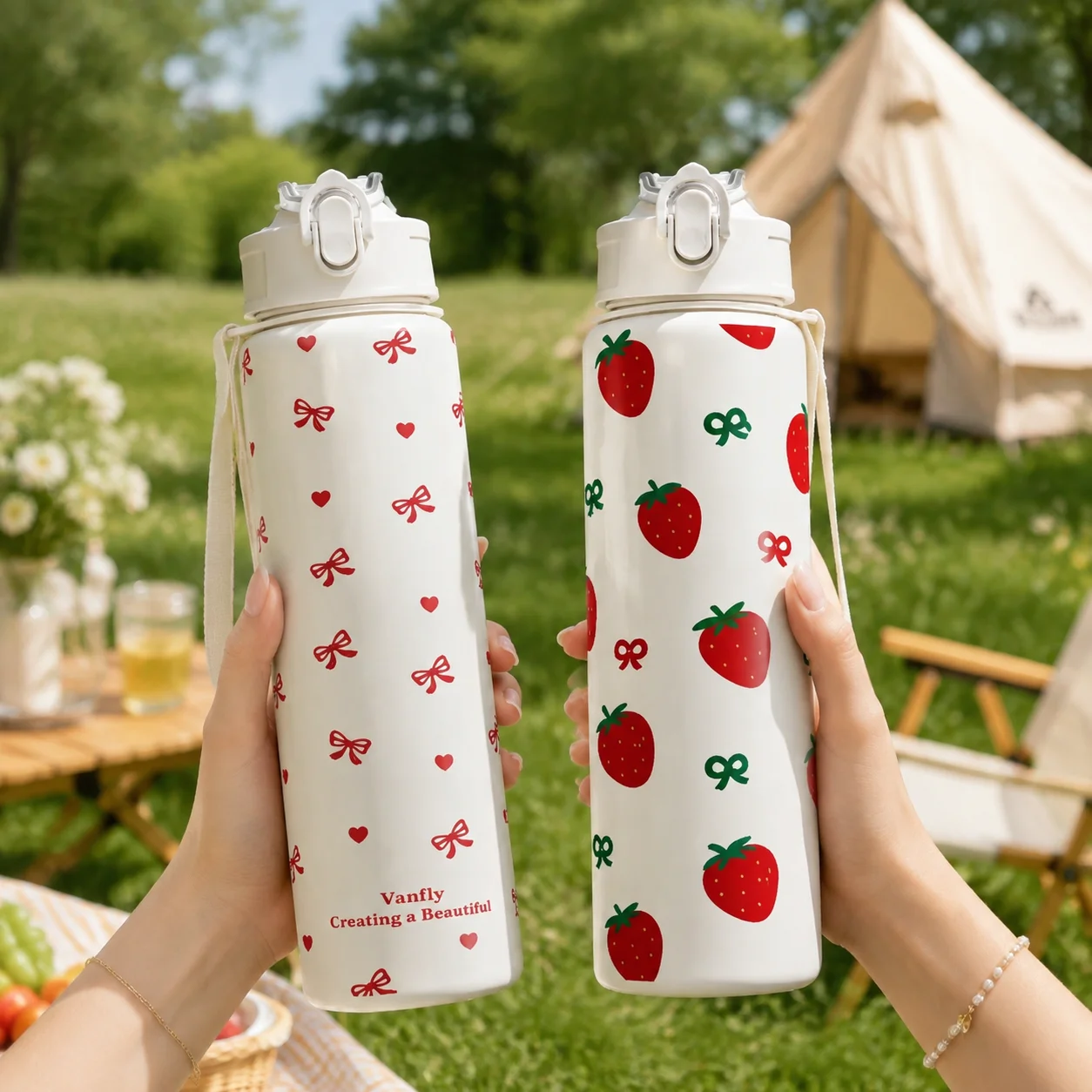 750ML Niedlicher Trinkbecher mit Erdbeer-, Kirsch- und Blumenmuster sowie Schleifendesign, mit Reinweißem Boden, Hochwertiger Strohhalmbecher für Sport – Detail 2