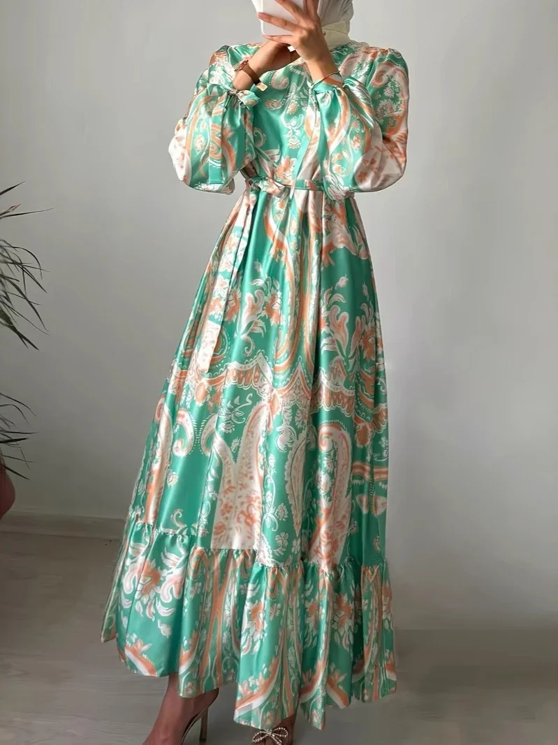 Eid Women Dress Abaya Women Print Party Long Dresses Dubai Jalabiya Lace Up Kaftan Morocco Vestidos Arab Long Robe Ramadan 2026 2