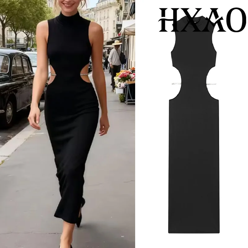 Sukienka damska HXAO, czarna, z wycięciami, elegancka, na imprezę, seksowna, bez rękawów, długa, dopasowana, z dżetami, wieczorowa.