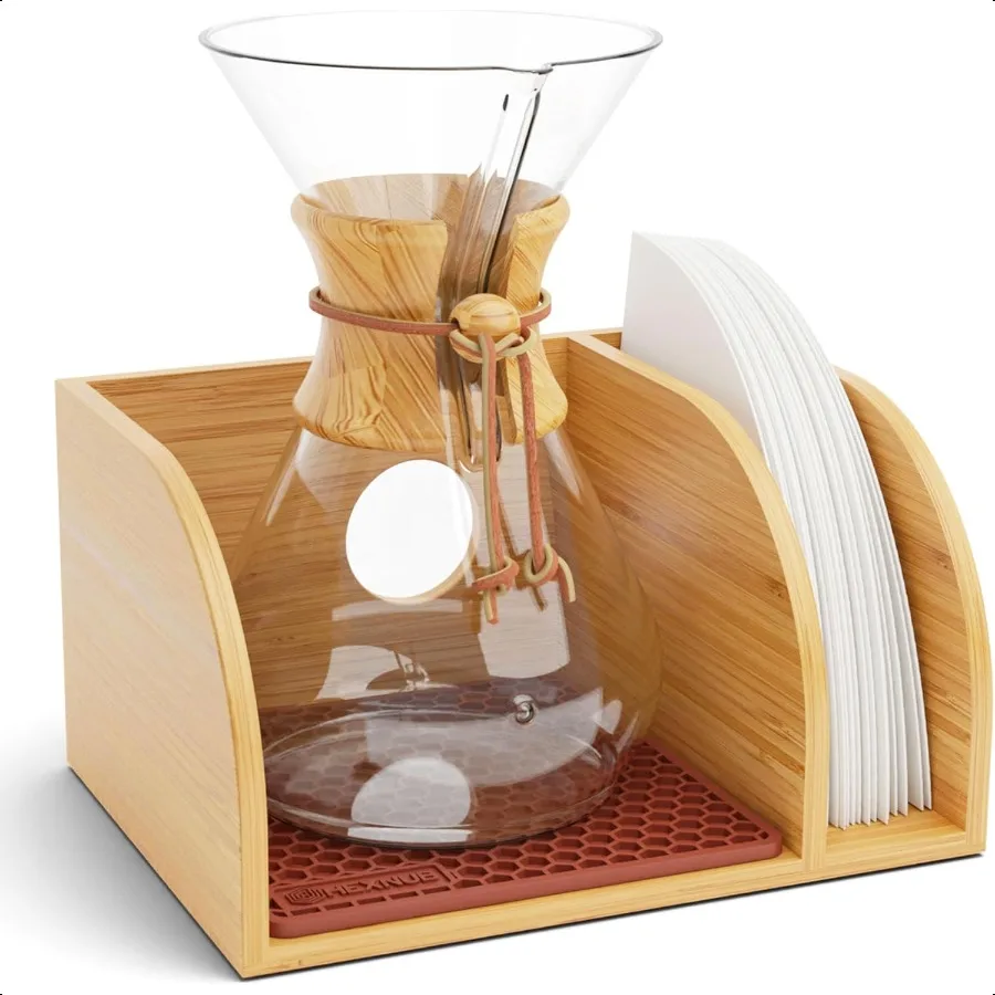 

Bamboo Caddy for Pour Over Coffee Maker Fits Chemex Bodum Cosori Heatproof Mat Filter Holder