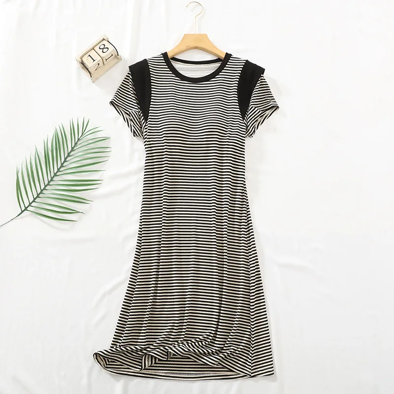 Womens Dresses Sleepwear For Sleeping Nightdress Short Sleeve Modal Striped Nightgowns Chest Pad Slim Ladies Nightshirt