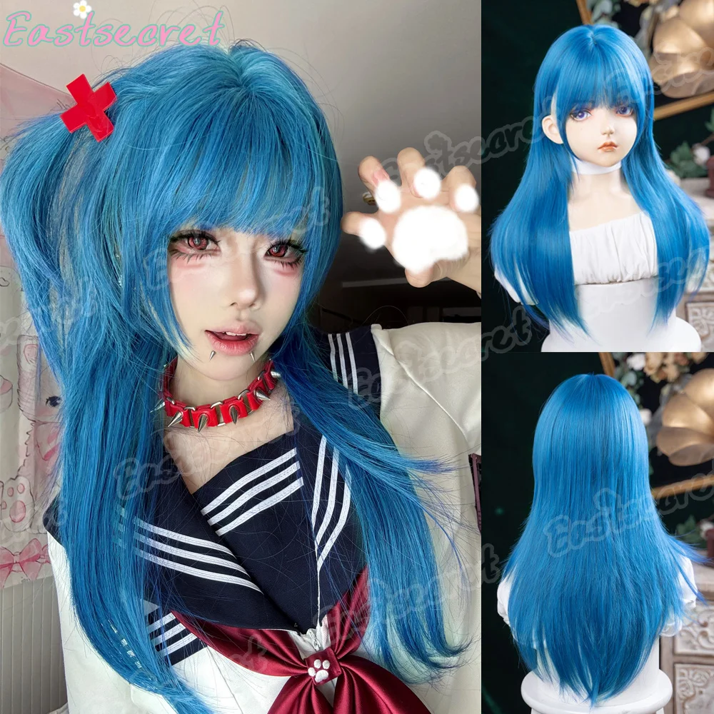 Wig Synthetic Blue Female Long Hair Lolita Magic Girl Cosplay Straight Hair Set for Halloween Use Wig