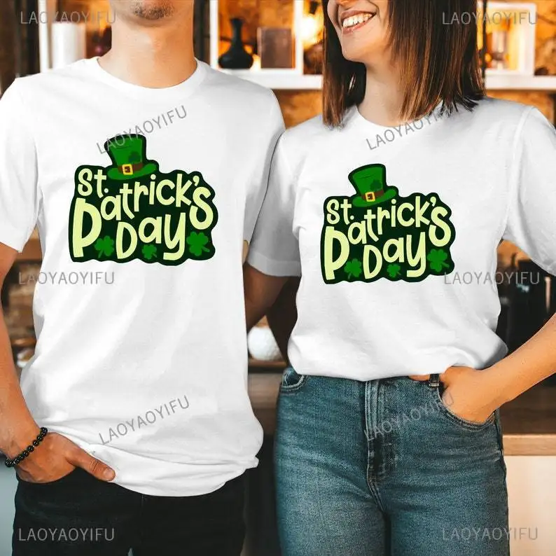 St Patricks Day 2024 Clothes for Women Shamrock Hat Cotton Male Tshirt Happy Funny Ireland Party Couple Matching Gift Tshirt