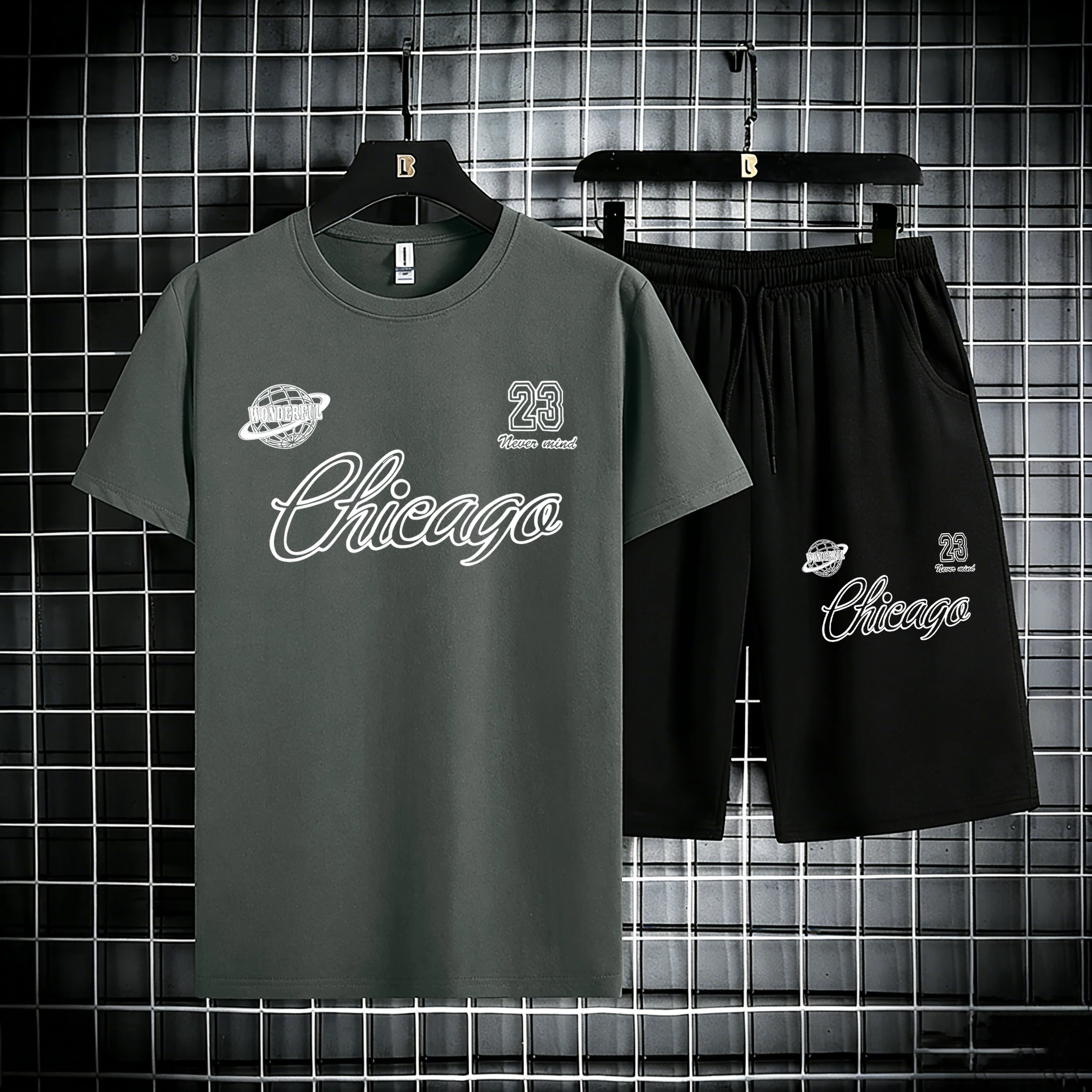 

Chicago Never Mind Prints Men Cotton Summer Breathable Sportswear Set Classic Pocket Bottom Cool All-Match Shorts Casual Clothes