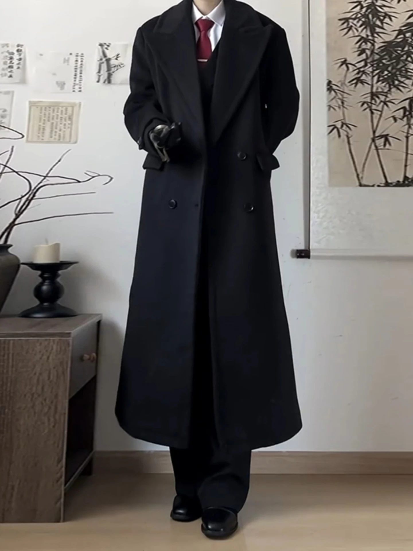 Black Woolen Overcoat Men's Autumn Winter Thickened Medium Length Knee-Height Windbreaker Style Woolen Coat for Youth