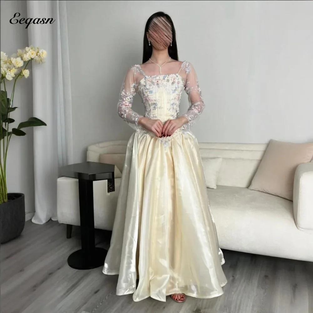 Graceful Long Sleeves Evening Dresses A-Line Floral Prom Dress Shiny Satin Formal Dubai Wedding Guest Gown Customized