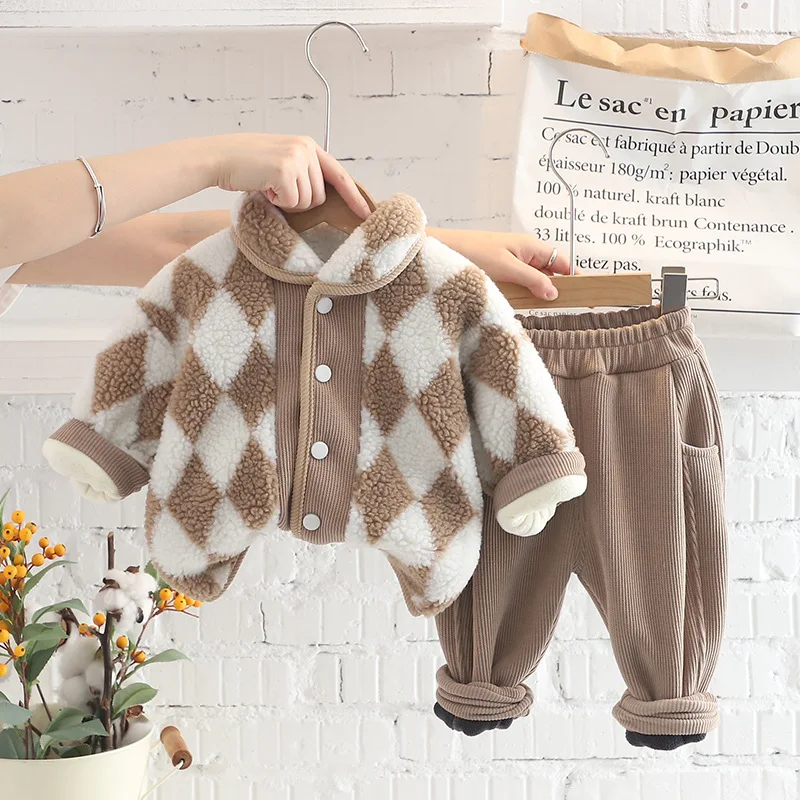 

Winter Baby Boys Girls Clothing Sets Children Rhombic Lattice Thickened Plush Coats Pants Kids Tracksuit Infant Clothes Outfits