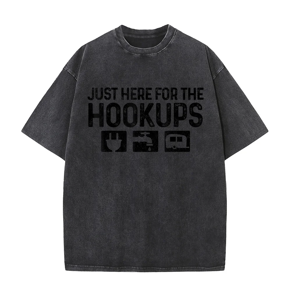 Camping RV Caravan Motorhome Just Here For The Hookups Funny T-Shirt Grey T Shirts Man 빅사이즈 Luxury Brand Premium 100 Cotton