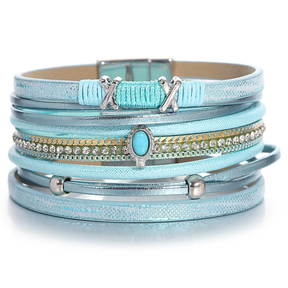 Amorcome Bohemian Multilayer Wrap Leather Bracelet for Women Men Blue Stone Rhinestone Chain Charm Bracelet Party Summer Jewelry