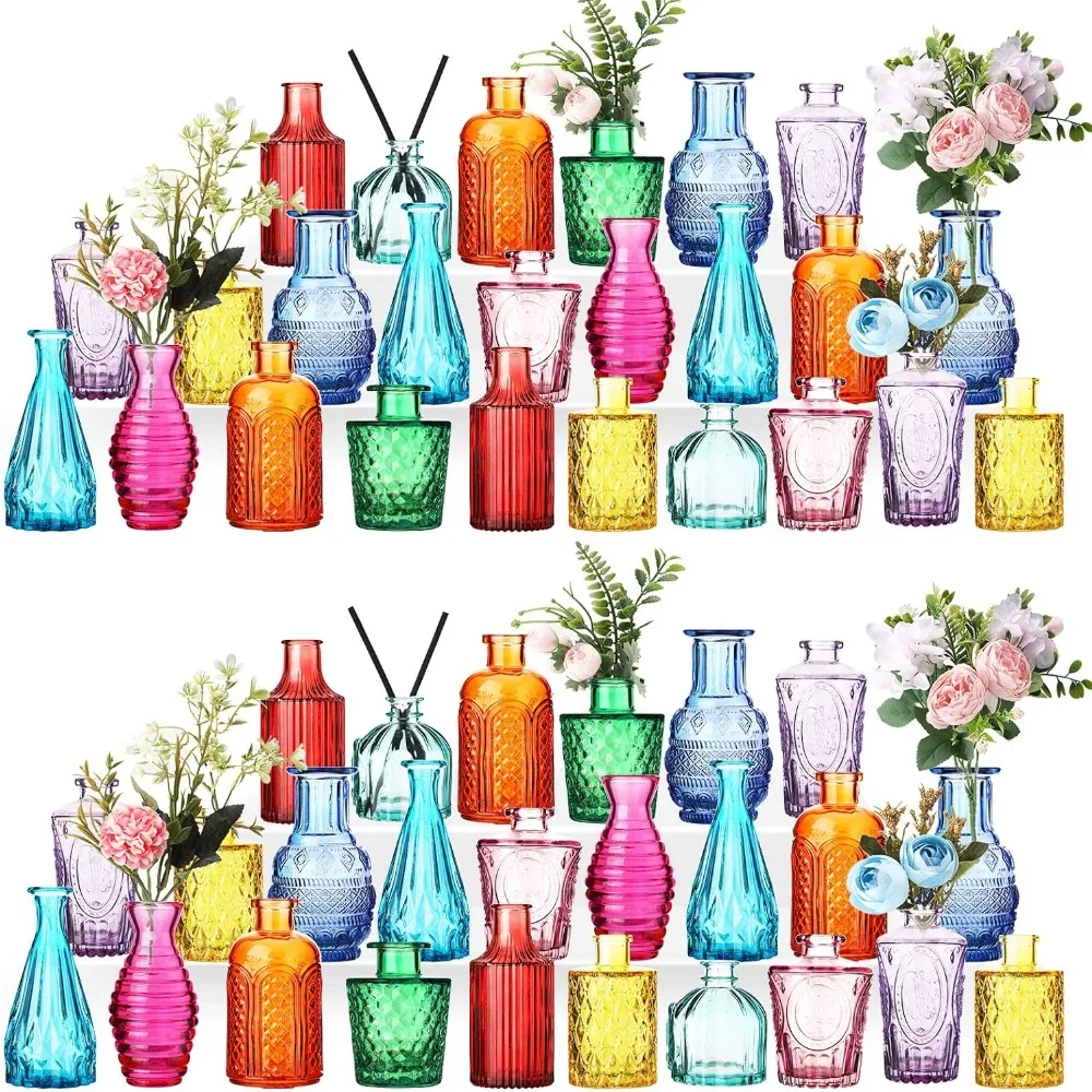 

60 PCs Colored Glass Bud Small Vases for Flowers Vintage Embossed Vases in Mini Glass Bottles for Wedding Home Table Decoration