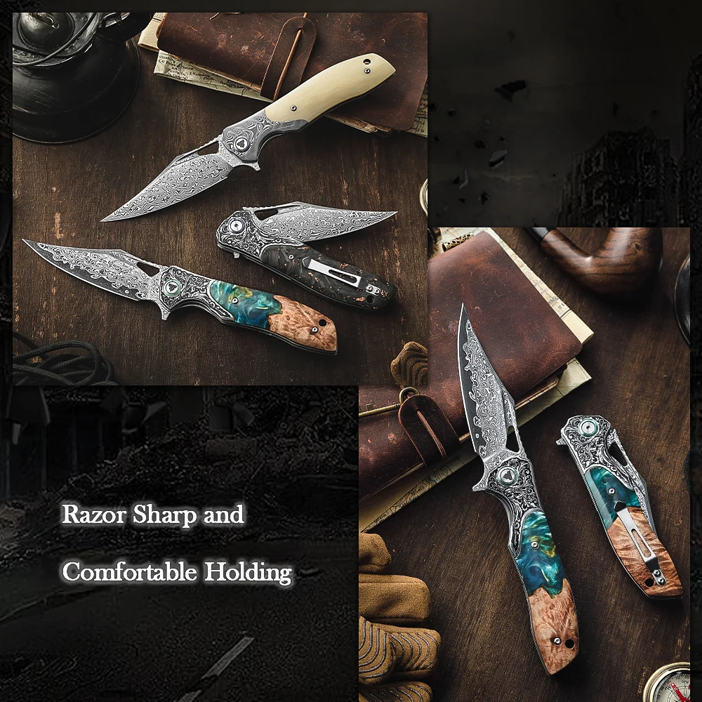 

TRIVISA Folding Pocket Apus Damascus Knife Resin Wood Handle Tactical Outdoor Hunting Camping EDC For Gift Collection