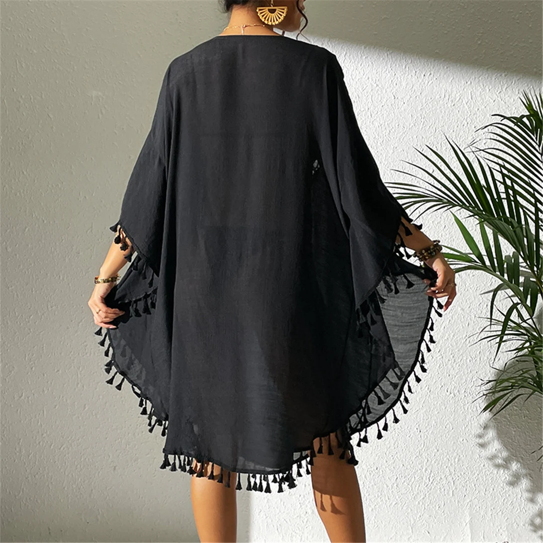 Neue Tunika mit Fransen, Quasten und Stickerei, halblange Ärmel, Strandkleid, langes Strandkleid, Strandmode, Damen, V5328 – Detail 17