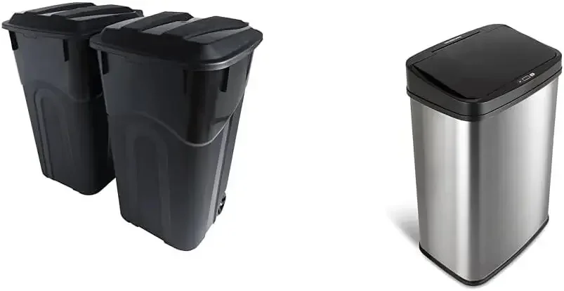 

32 Gallon 2 Pack Outdoor Trash Can Bundle with NINESTARS 13 Gallon Motion Sensor Trash Can