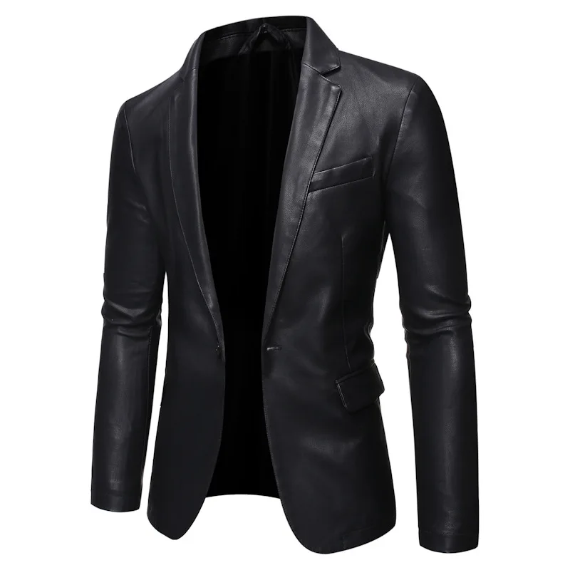 

Men's Black Faux Leather Blazer Single Button Notch Lapel Slim Fit Suit Jacket Stylish Casual Party Evening Prom Outerwear Coat
