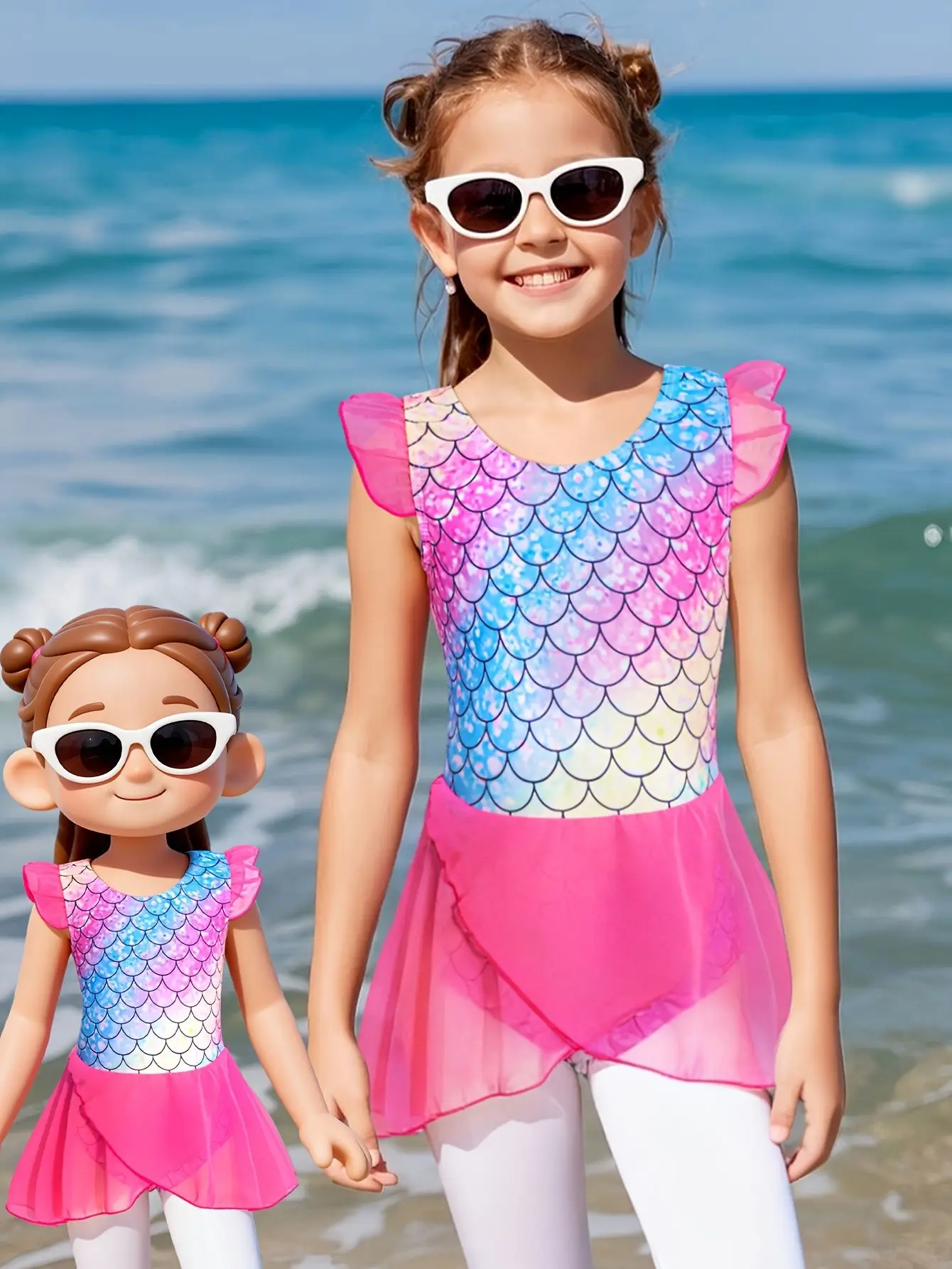 Girls Swimsuit Cute One Piece Swim Suit Ruffle Sleeve Mermaid Bathing Suits Tulle Dress Swimwear Summer Beach Swim Shirt view 4