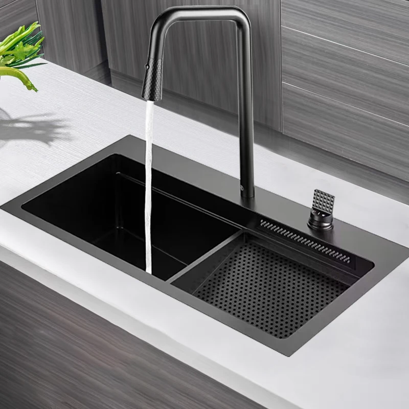 Multifunctional pull-out kitchen mixer faucet sink Single Bowl Under Mount stainless steel waterfall kitchen sink