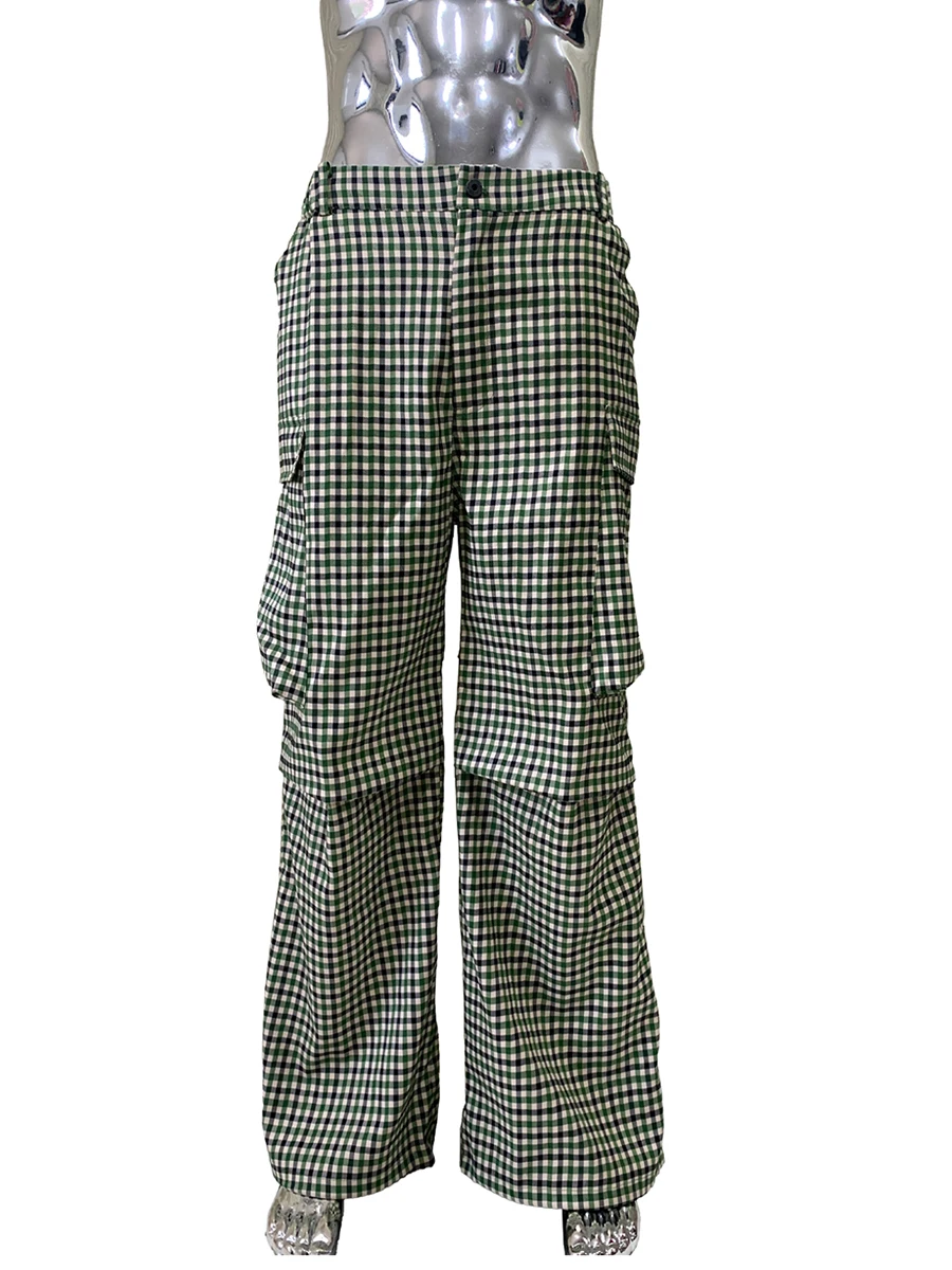 Spring Autumn Colorful Green Plaid Wide Leg Cargo Pants for Mens Three-dimensional Pockets Chic Luxury Designer Emo Clothes 2025