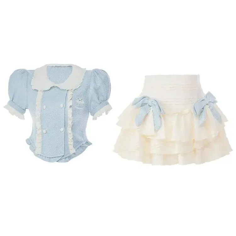 Summer Lolita Kawaii Two Piece Set Japanese Women Sweet Cake Skirt Female Korean Cute Puff Sleeve Blouses Blue Mini Skirt Suit