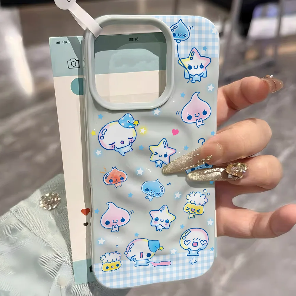 Cute Star Blue Water Bead Grid 3D Irregular Wrinkle Meteorite Phone Cases For iPhone 17 16 15 14 Plus 13 12 11 Air Pro Max  Soft