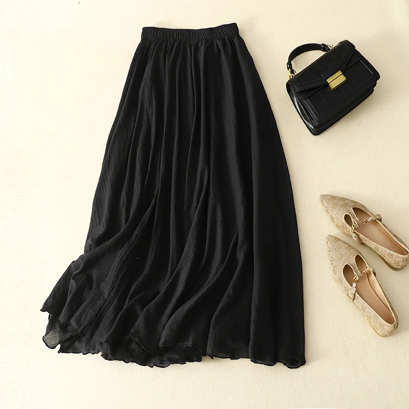 Slim Cotton Leaf Edge Double Layer Half Skirt Loose Waist A- shaped Big Swing Skirt Women Casual Style Long skirt