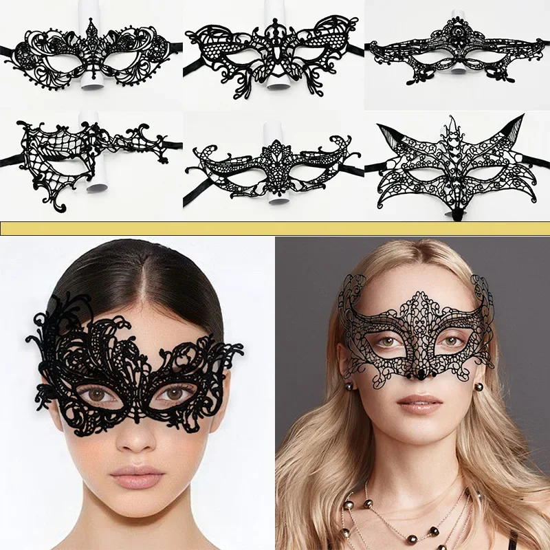 Black Lace Masquerade Eye Mask Hollow Out Venetian Mask Adjustable Ribbon Tie Halloween Carnival Party Cosplay Costume Accessory