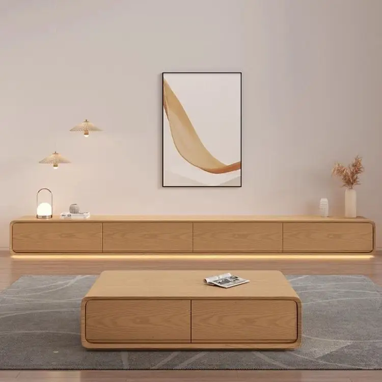 Japanese-style simple solid wood floor-to-ceiling TV  coffee  combination modern small apartment living room househo