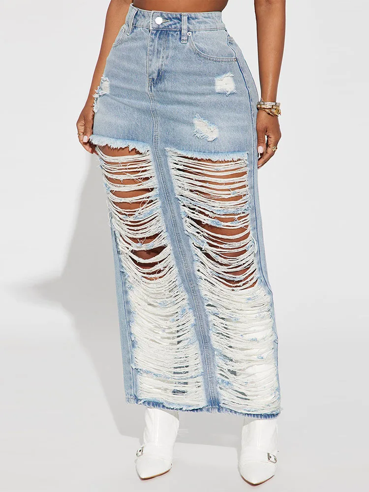 Szkzk Tassels Riped Hollow Out Split Denim Maxi Long Skirt With Pockets Women Sexy Night Clubwear Party Washed Denim Skirt