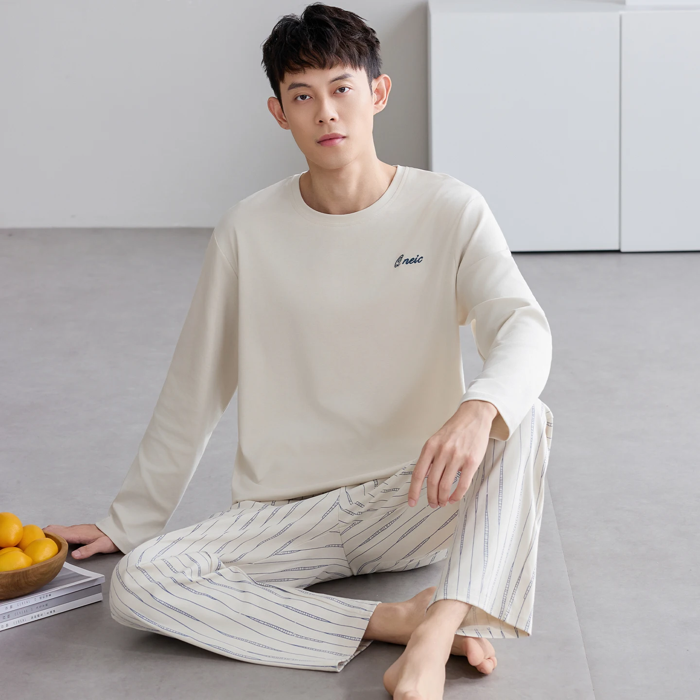Young Male Pajamas Suit Spring Autumn Long Sleeve Long Pants Striped Nightgown 2 Pcs Set Full Pure Cotton Home Service Men Cloth