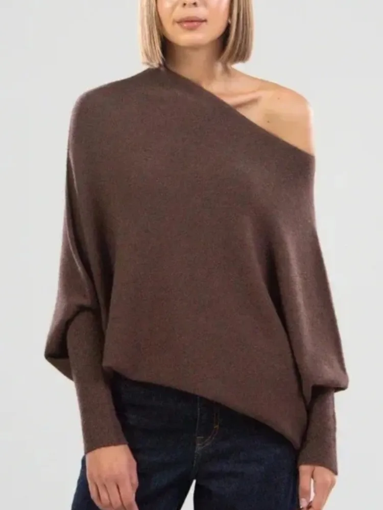 Women One Size Pullover Jumpers Solid Color Neck Pullover Knitted Female Comfortable Commuter Off Shoulder Slash Neck Sweater
