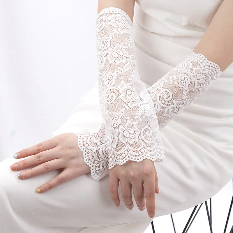 Summer Women Breathable Lace Fake Arm Sleeves Elastic Long Fingerless Driving Mittens Black White Beige Gloves