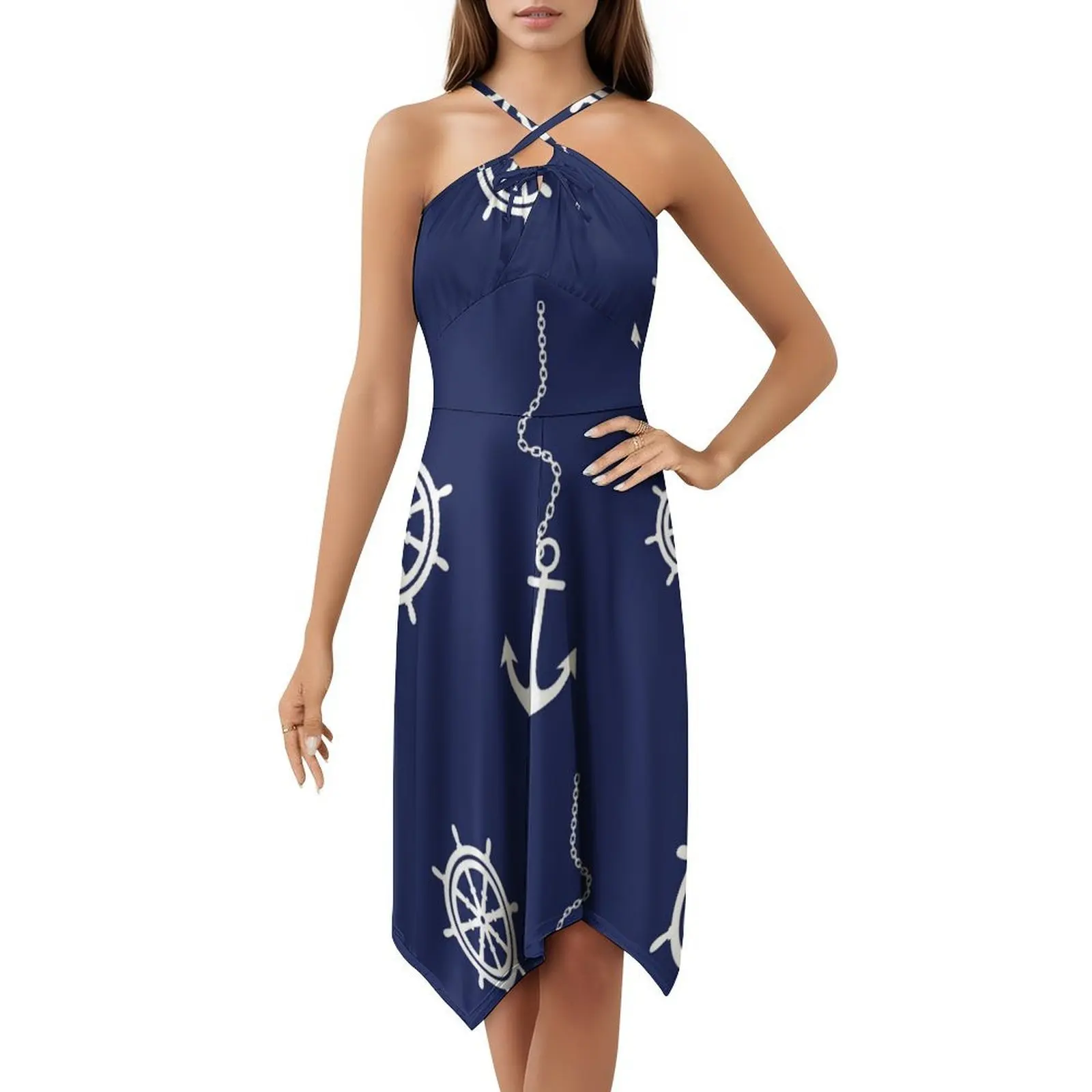 نمط البحرية والأبيض المراسي وعجلات القيادة بوهو شيك فستان أنيق موضة شاطئ حفل زفاف ثوب قارب قوارب مرساة #5