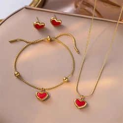 316L Stainless Steel New Fashion Fine Jewelry Young Girl Style Red Love Heart Charm Chain Necklaces Bracelets Earrings For Women