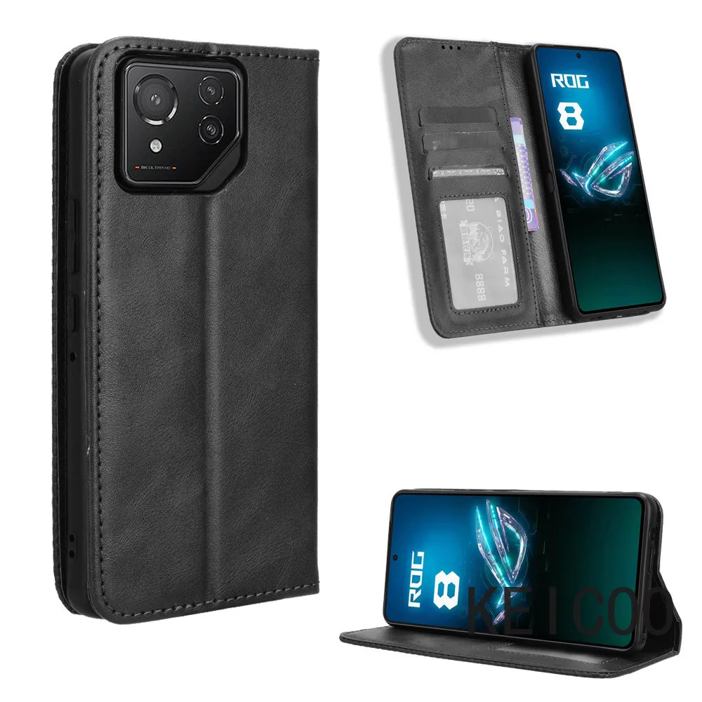 Sturdy Cover for Asus ROG Phone 8 6 7 Zenfone 10 Pro Magnetic Buckle Retro Card Slots Shell Leather Sheath Anti-fall Case