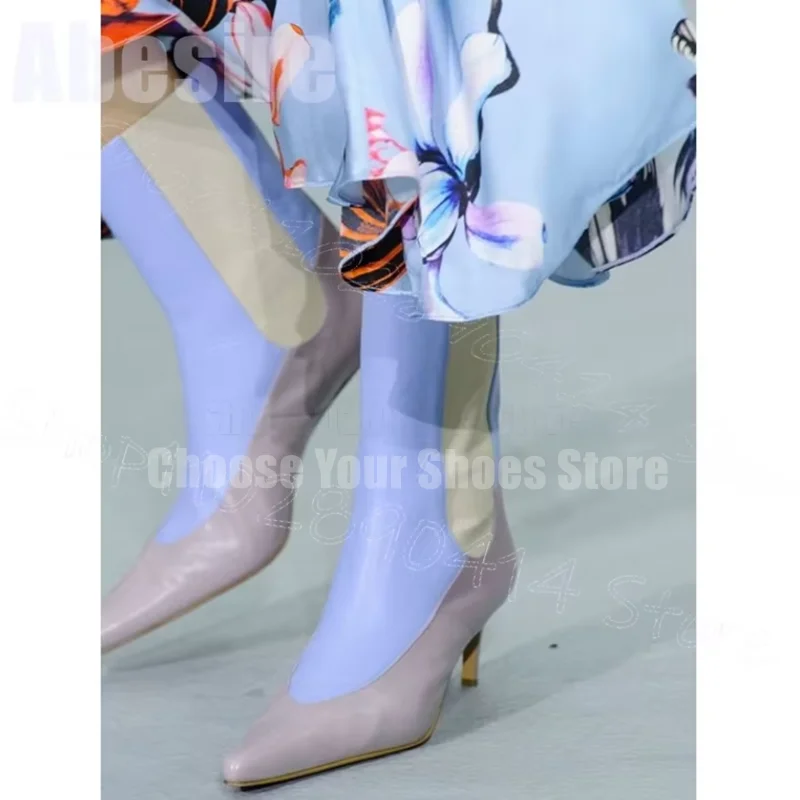 

Mixed Color Pointed Toe Mid Calf Runway Boots Slip On Women Shoes Thin High Heels Party Banquet Dating 2025 Zapatos Para Mujere