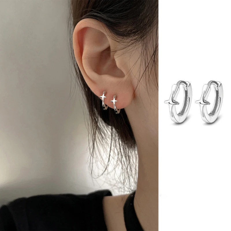 Silver Color Exquisite Cute Star Hoop Earrings for Elegant Women Light Luxury Geometric Fashion Jewelry Party Accessories