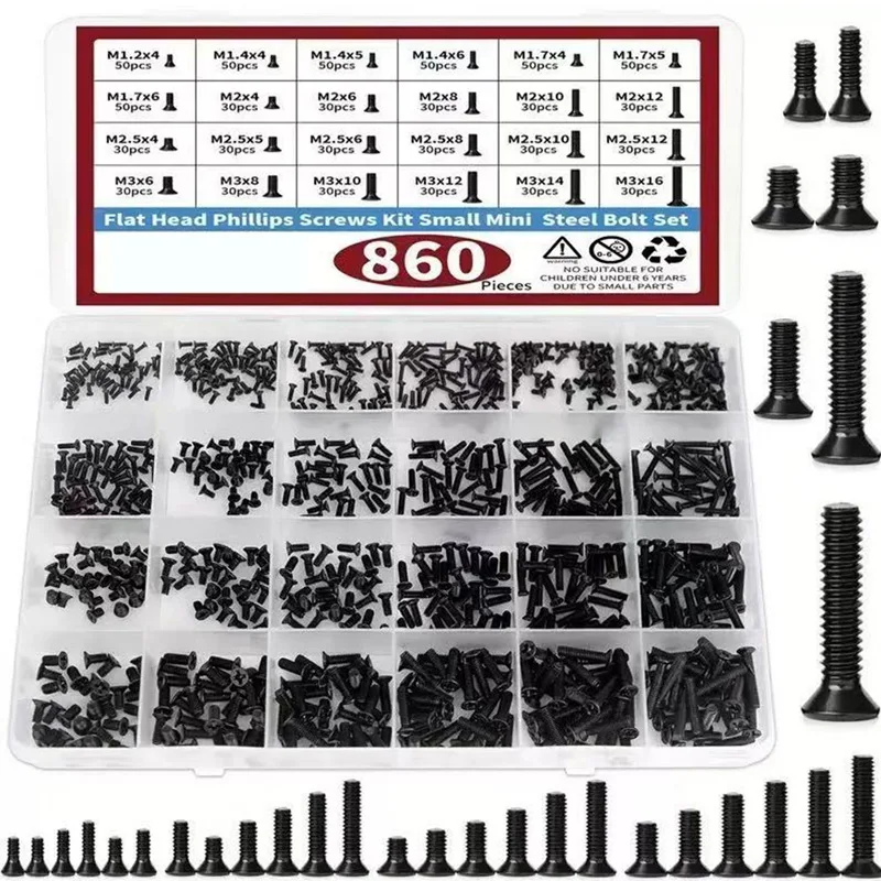 860 PCS Small Computer Screws Assortment Kit, Black Tiny Eyeglass Screws PC & Laptop SSD Hard Drive CM1.2 M1.4 M1.7 M2 M2.5 M3