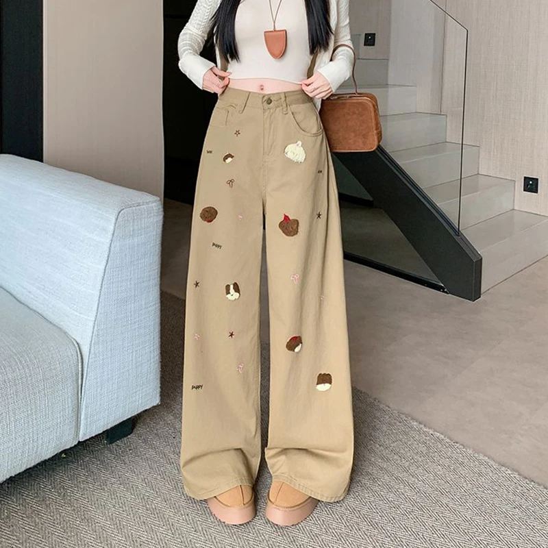 Women Wide Leg Jeans Spring Sweet Cartoon Print High Waist Casual Denim Pants Female Vintage Preppy Baggy Scimitar Trouser New