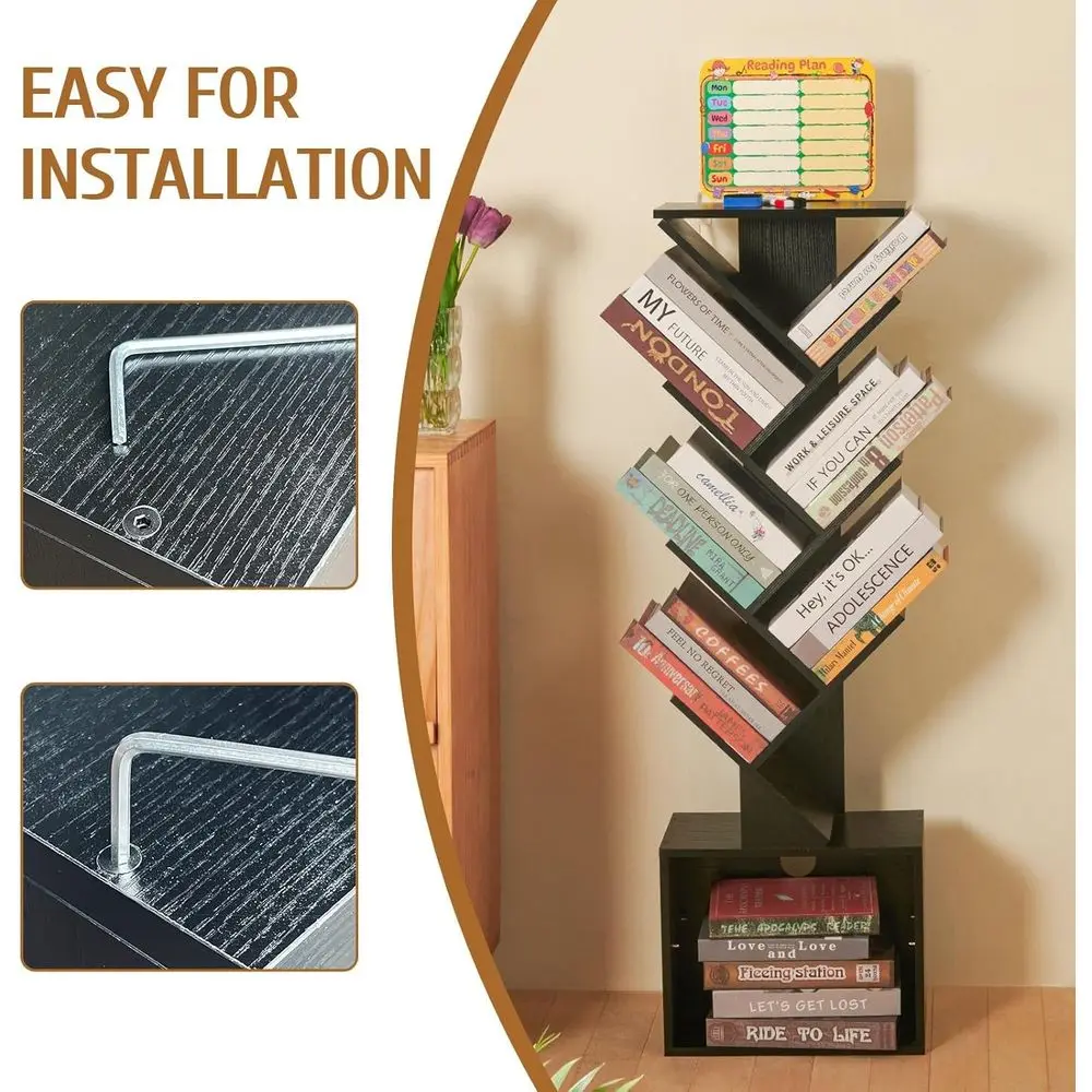 7 Tier Tree Book shelf, Small Bookcase with Reading Planner and Activity Panel, Modern Floor Standing Corner Tall Narrow Storage