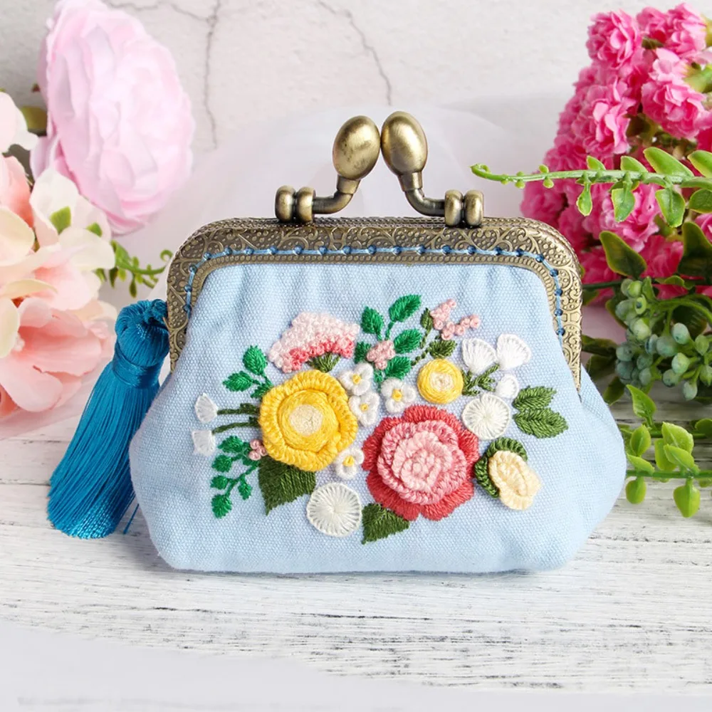 Embroidery DIY Ribbon Flowers Bags Purse Wallet Handbag, Cross Stitch Kit for Beginner Needlework Sewing Arts Craft Friend Gifts