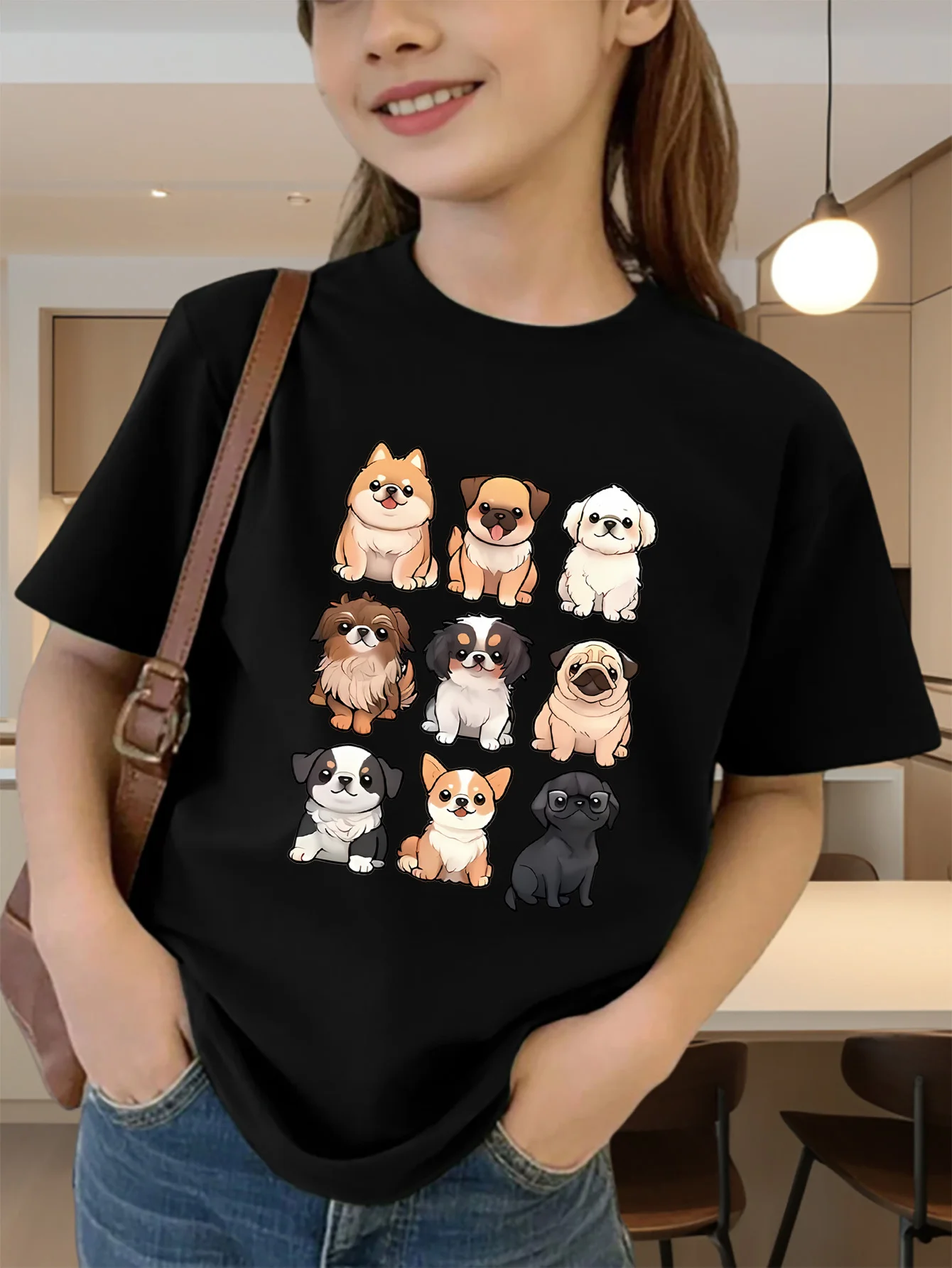 Cute Cartoon Puppy Breeds Collection Graphic Kids Tee Boys Girls Family Matching Cotton Crew Neck Short Sleeve Soft Summer Tee