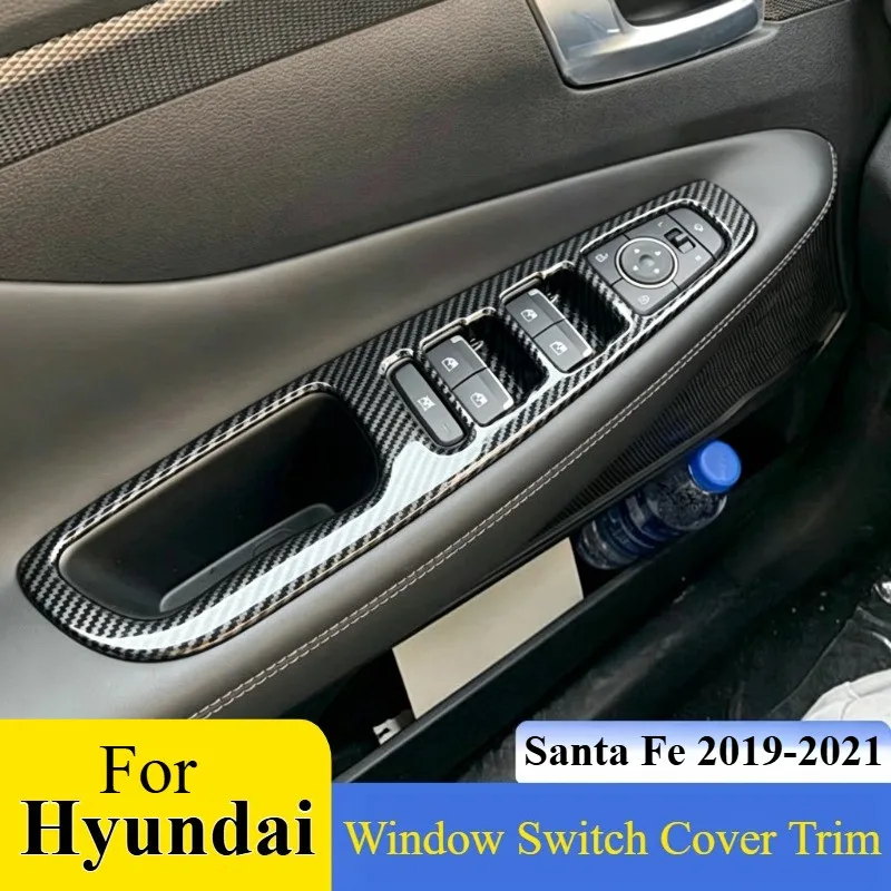 For Hyundai Santa Fe 2019-2021: Window Switch Panel Frame Covers - 4PCS Carbon Fiber ABS Self-Adhesive Trim