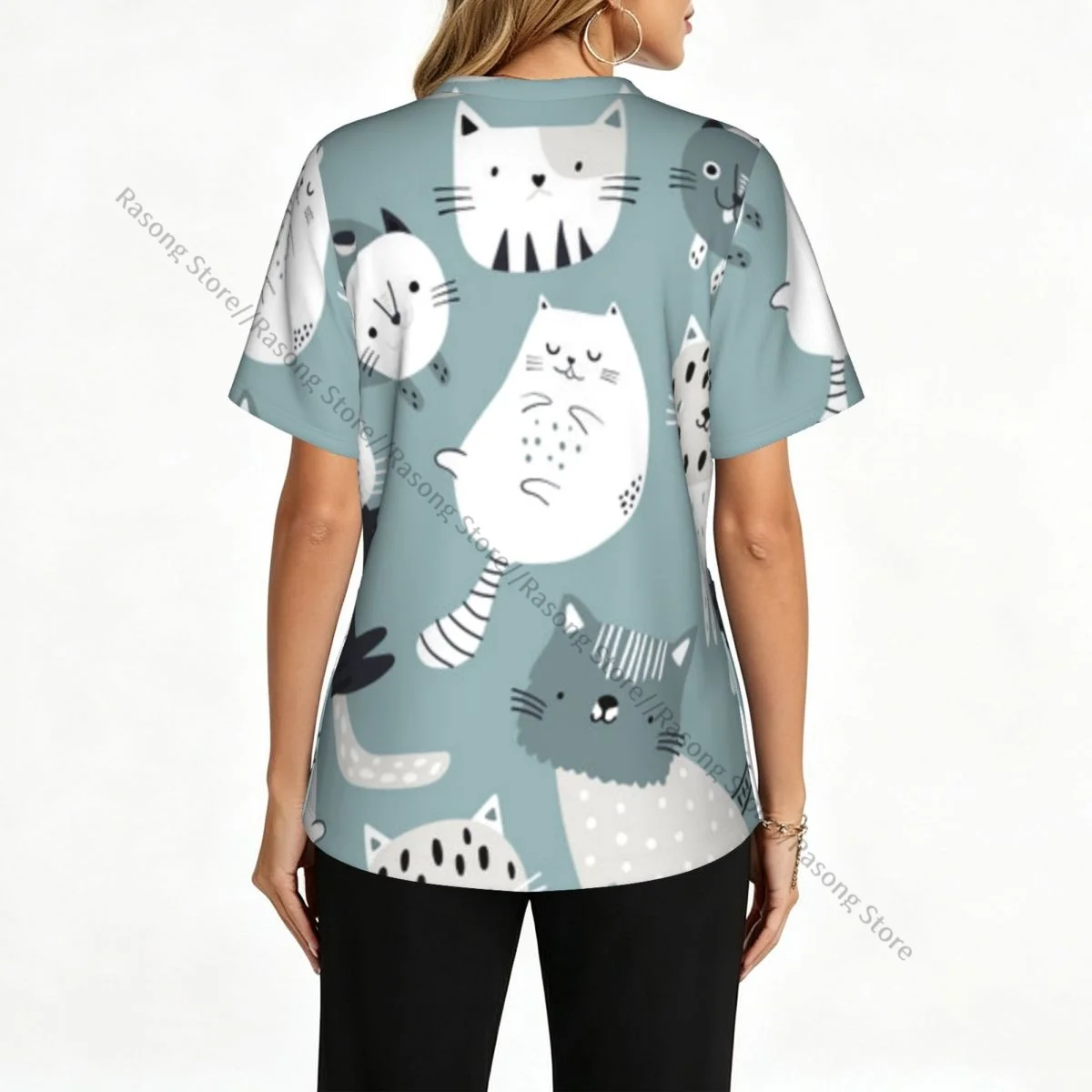 Women Scrubs Blouse Medical Nurse V-neck Clinical Scrubs Top Cute Cats And Kittens Operating Room Work T-shirt