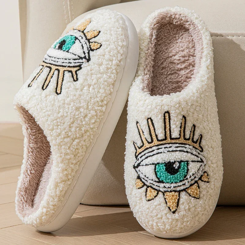 Fashion Home Women Fluffy Slippers Winter Soft Sole Houseshoes Eye Fuzzy Cotton Heart Flat Sole Funny Flip Flops Indoor Shoes