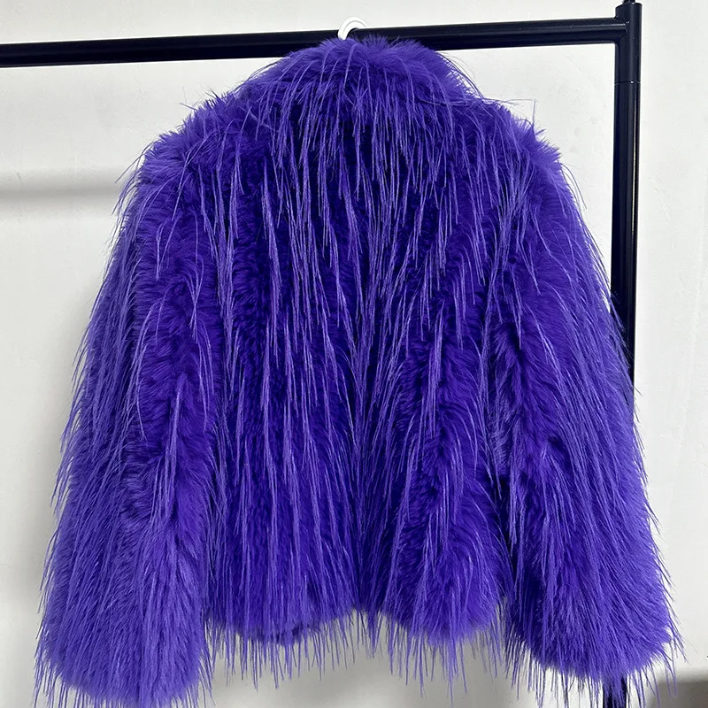 Short Solid Faux Fur Women's Autumn Winter New Designer Fringe Eco Fur Purple Coat 4
