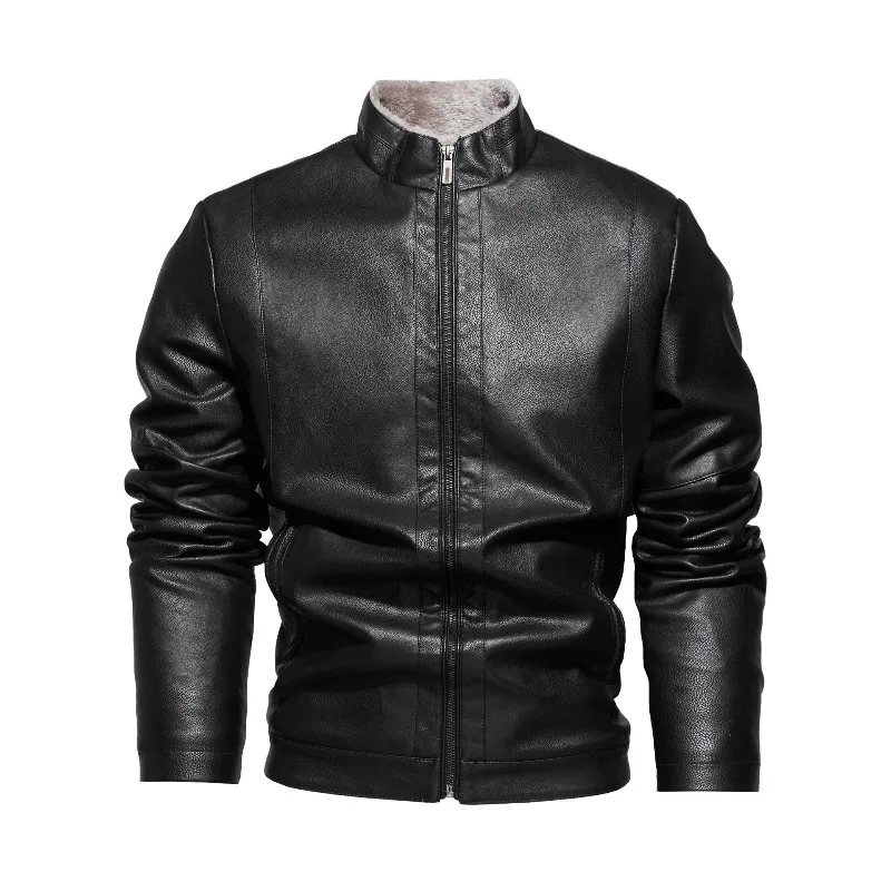KIDWHXR Men Fleece Coat Autumn Winter Motorcycle Punk Leather Jacket Man Windproof Stand Collar Long Sleeve Male Outerwear