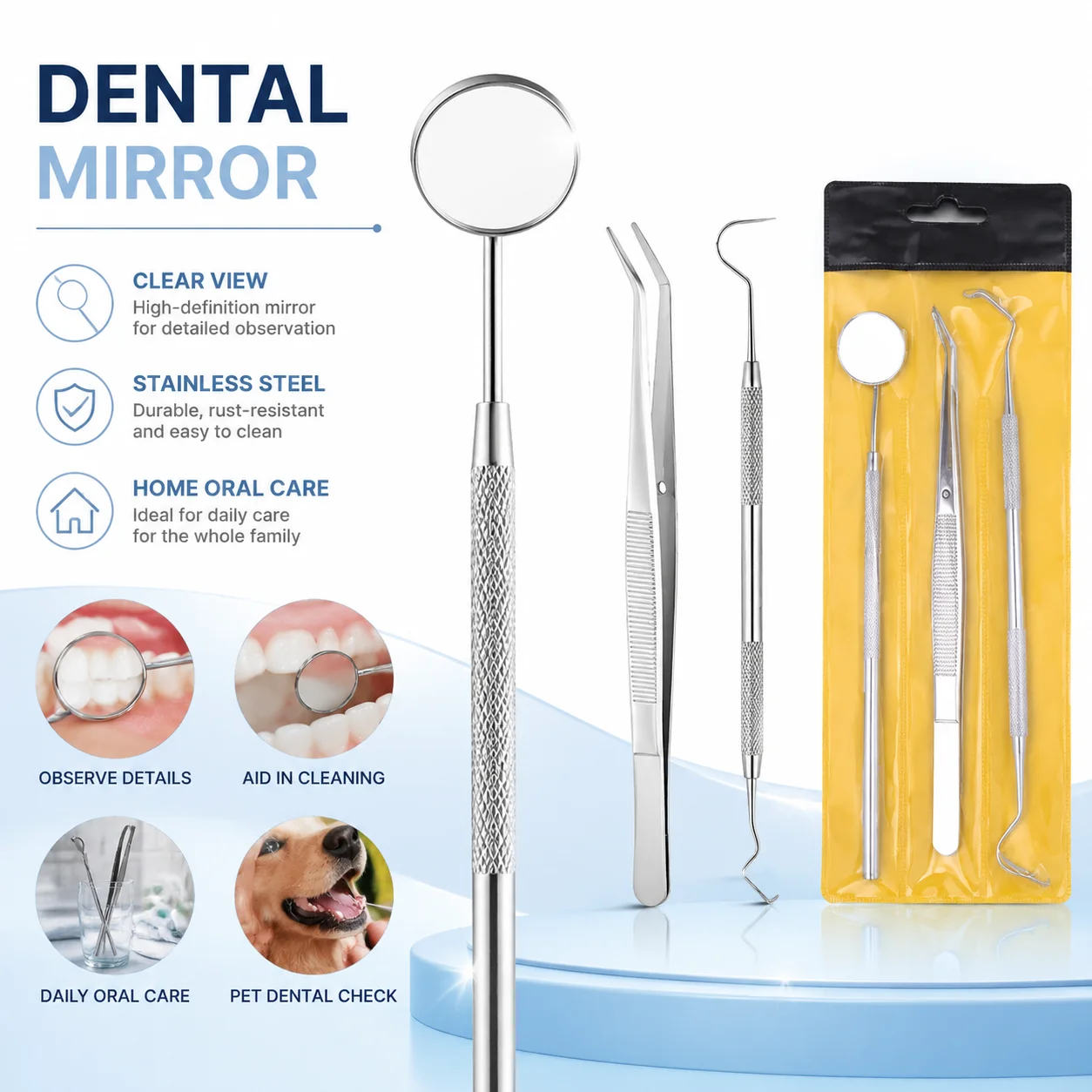 3pcs Dental Tool Set Dental Mirrors Oral Scope Tweezers Stainless Steel Oral Dental Cleaning Kit Dentist Teeth Cleaning Tool