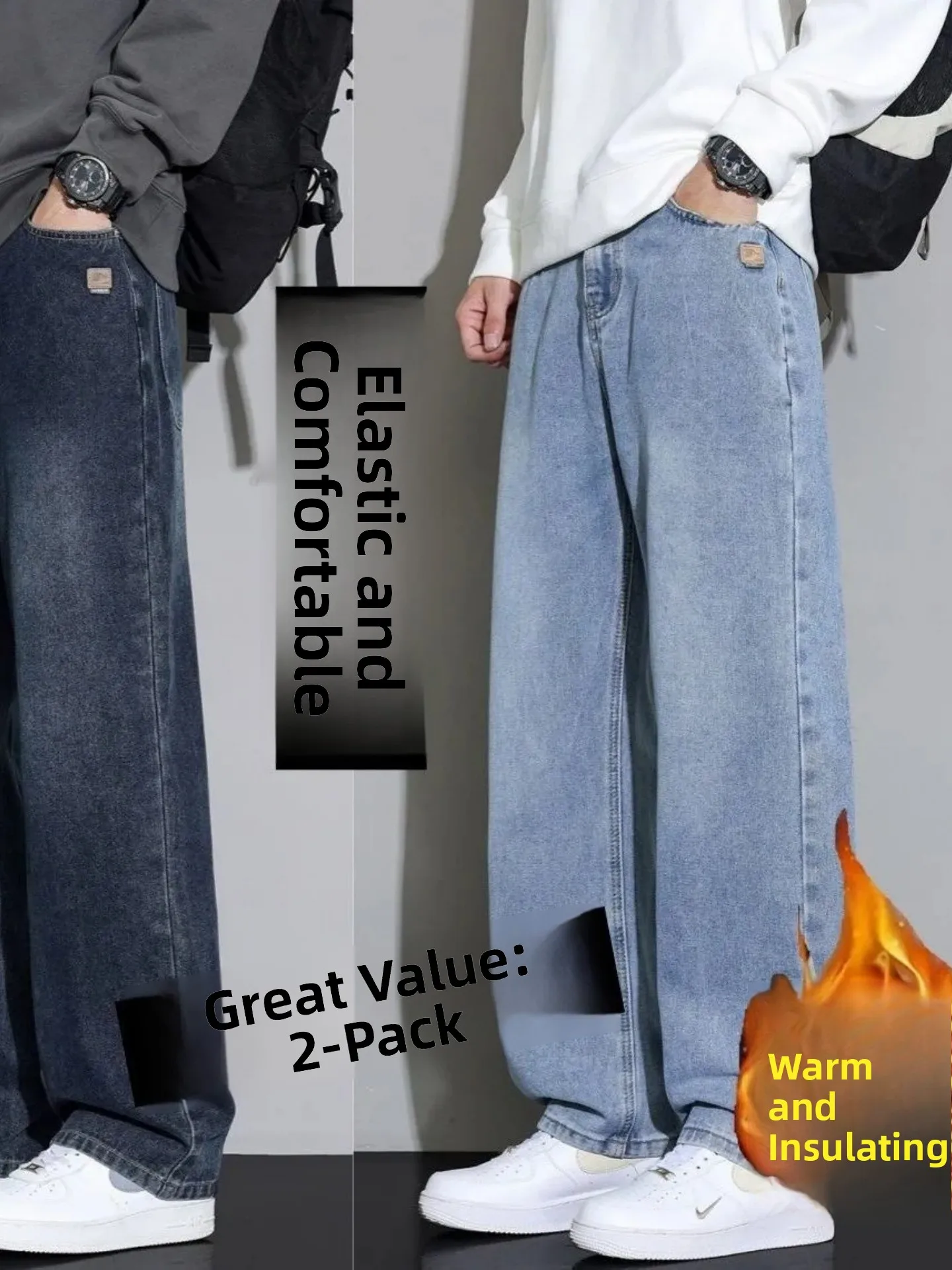 

Men's Thiened Fce Lined Denim Jeans Casual Loose Straight Leg High Elastici Warmth Autumn Winter New Sle Vintage Brand