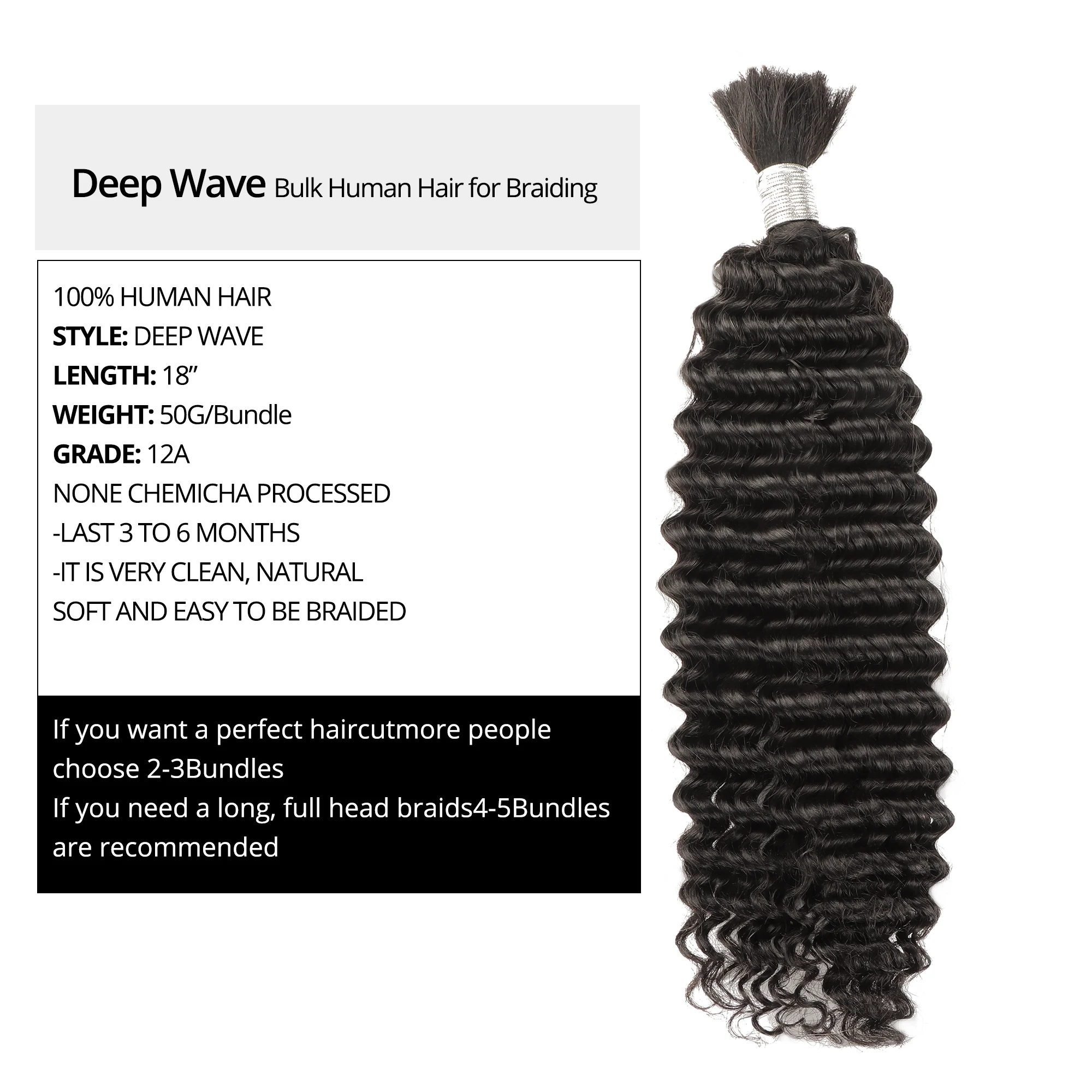 AHVAST deep wave extension braiding ผม 100g boho braids ผมสีดําธรรมชาติสําหรับ braiding virgin hair extension