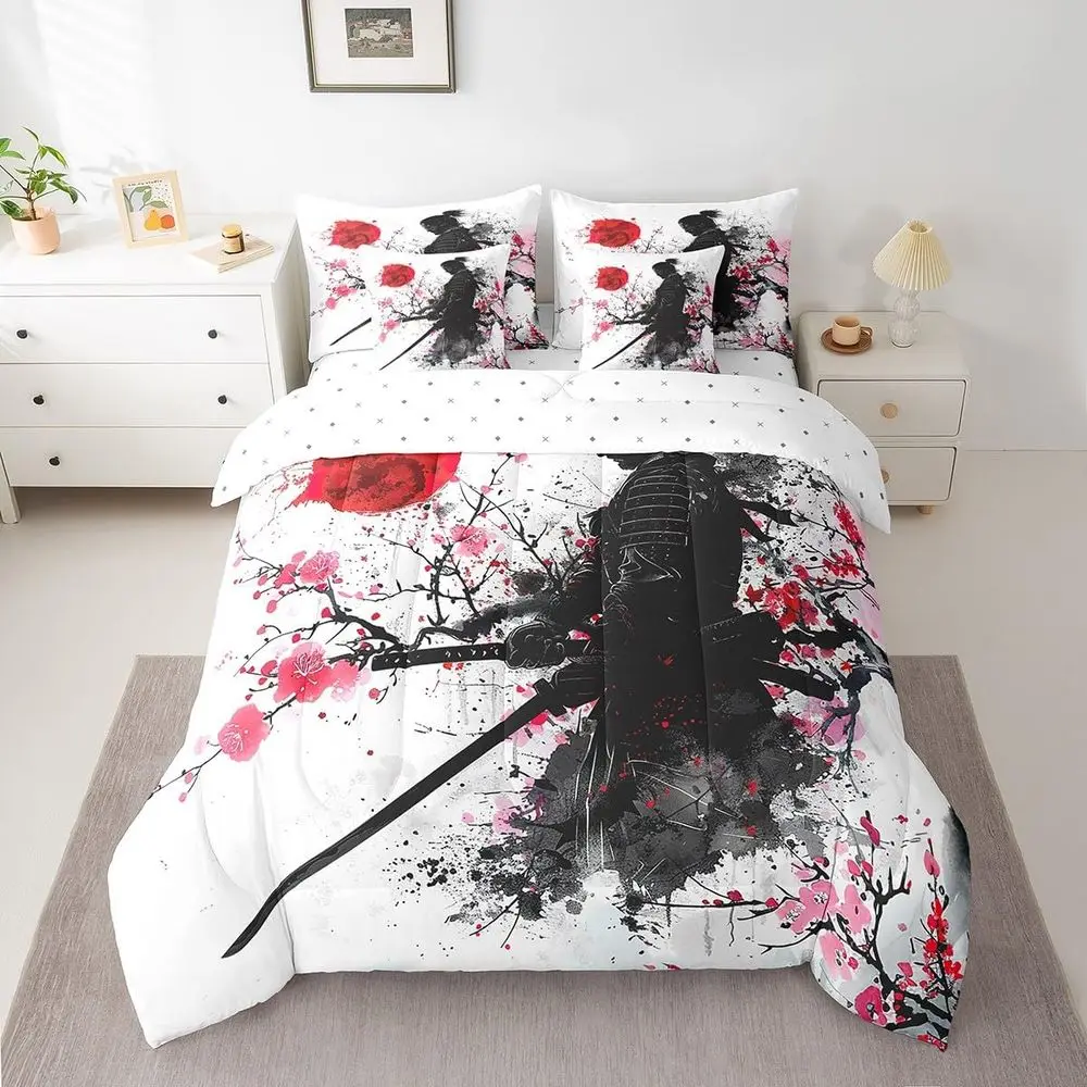 

Cherry Blossoms Samurai-Inspired Queen Bedding Set for Kids with 7-Piece Comforter, Sheets, Pillowcases, and Cushion Cover
